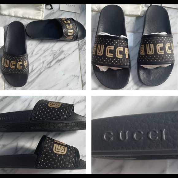 GUCCI “GUCCY” SUPREME CANVAS BLACK WITH SHIMMERING GOLD GLITTER STARS SLIDES - Picture 2 of 16